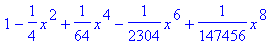 1-1/4*x^2+1/64*x^4-1/2304*x^6+1/147456*x^8